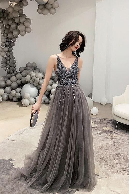 Dark Gray V Neck Sparkly Beading Prom Dress with Sequins, Long Tulle Prom Gown  cg8552