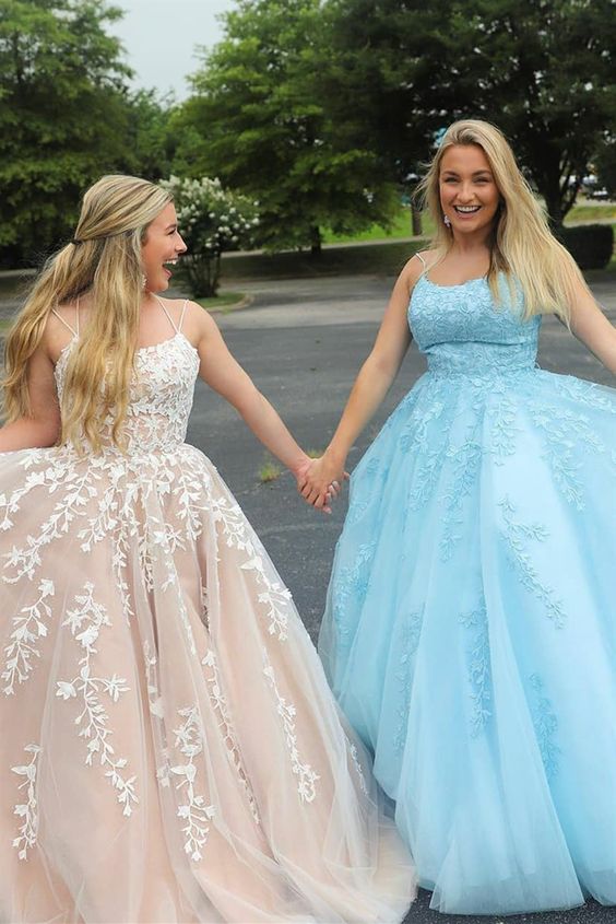 Ball gown long prom dresses, light champagne graduation party gowns, blue prom dress  cg8556