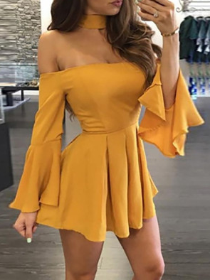 Sexy Off Shoulder Flare Sleeve Pleated Casual homecoming Dress cg856