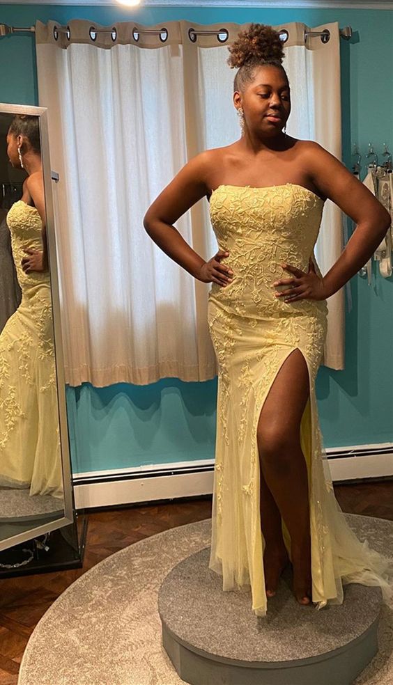 mermaid prom dresses, yellow lace prom dresses, strapless prom party dresses, elegant evening gowns   cg8560