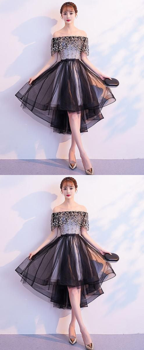 Black tulle lace short dress, black tulle homecoming dress cg857