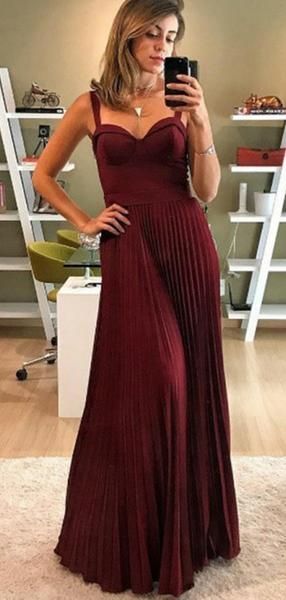 A-Line Spaghetti Straps Pleated Dark Red Satin Long Prom Dresses  cg8581