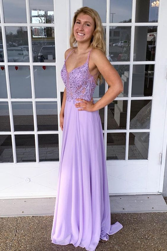 Spaghetti Straps A Line V Neck Backless Prom Dress  cg8582