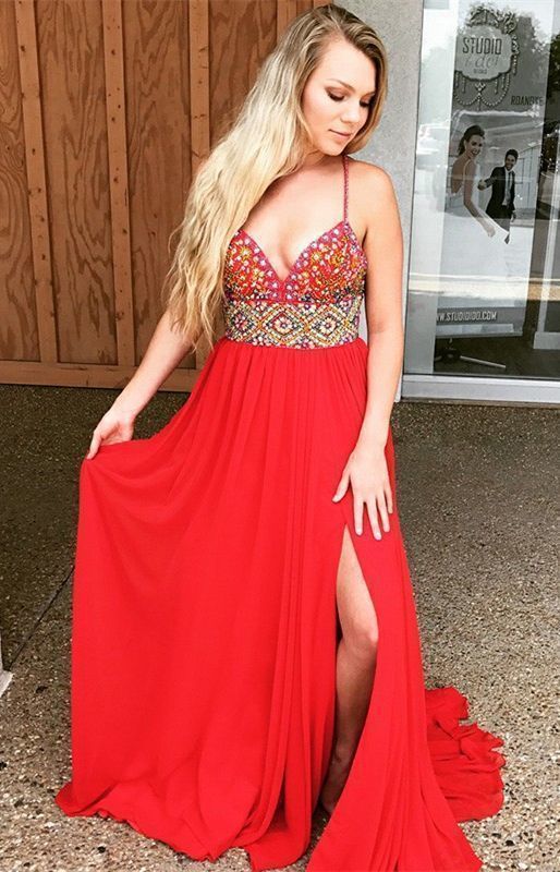 Charming Split Slit Red Prom Dress, Sexy Sleeveless Long Evening Dress  cg8596