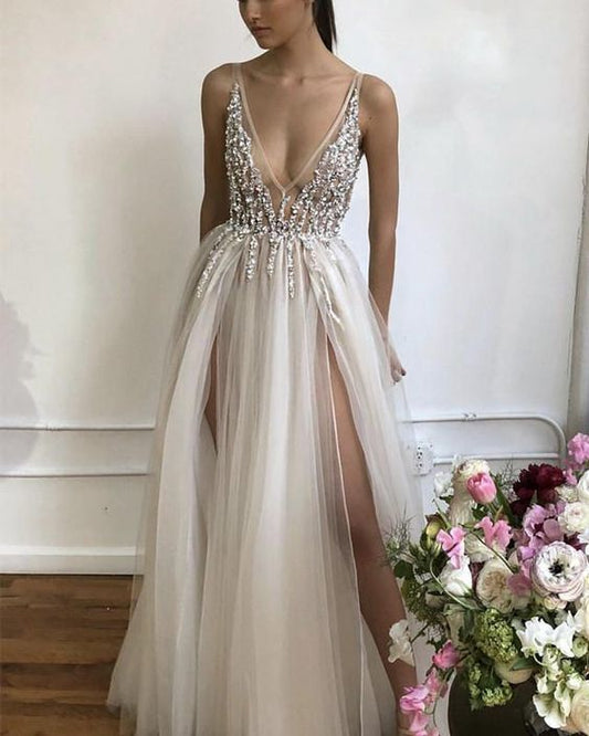 Prom Dresses Long Tulle V-neck Evening Gowns Sequin Beaded  cg8602