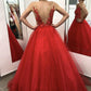 Red v neck tulle lace prom dress evening dress  cg8604