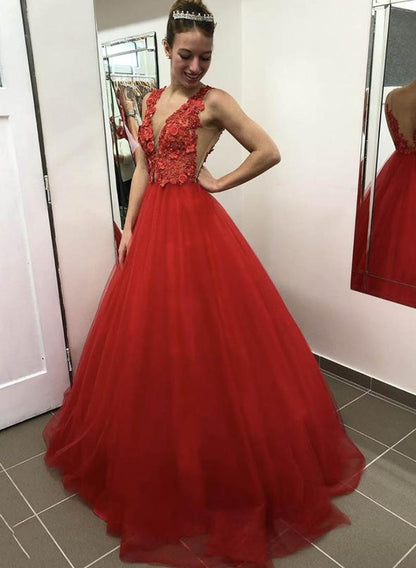 Red v neck tulle lace prom dress evening dress  cg8604