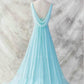 Light Blue Chiffon Long Evening Dress, Blue Beaded Waist Wedding Party prom Dress  cg8606