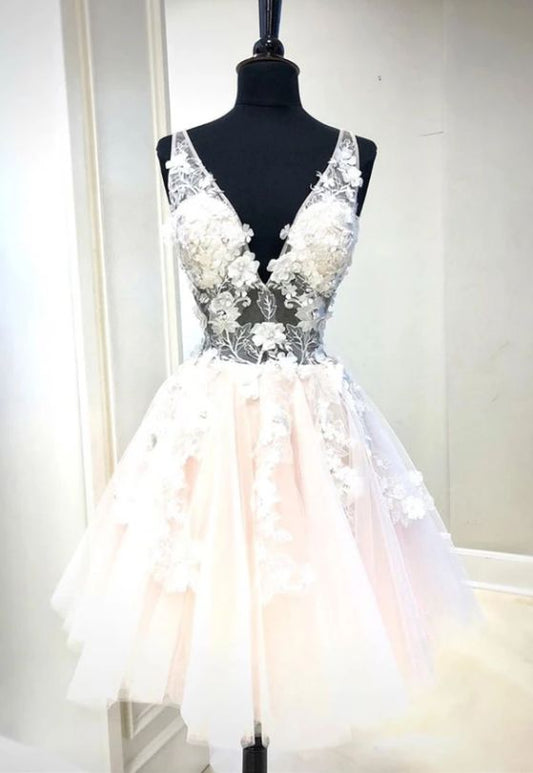 Cute v neck tulle appliqué short  homecoming dress  cg8615