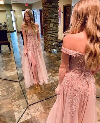 Off the Shoulder Blush Pink Tulle Long Prom Dress with Slit  cg8635