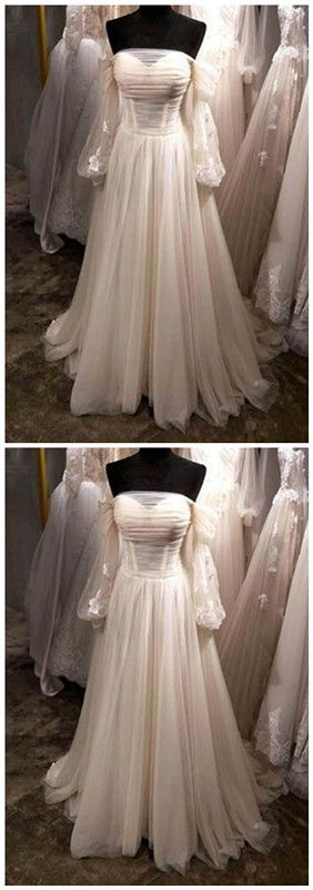 White tulle off shoulder long sleeve see through A-line wedding dress, long formal prom dress  cg8640