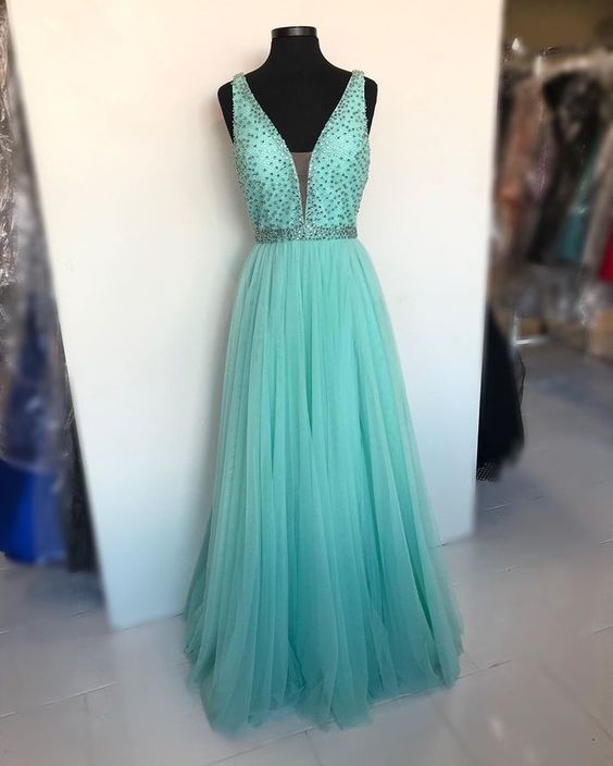 Charming V neck Beaded Evening Dress, Elegant Tulle Long Prom Dress  cg8649