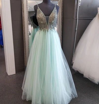 A-line Beaded Mint Green Tulle Long Prom Dress  cg8652
