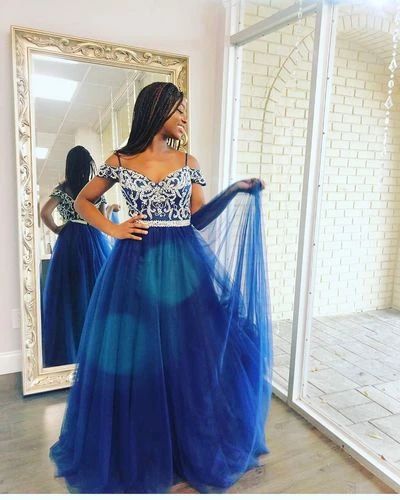 Cold Sleeves Navy Blue Tulle Long Prom Dress  cg8658