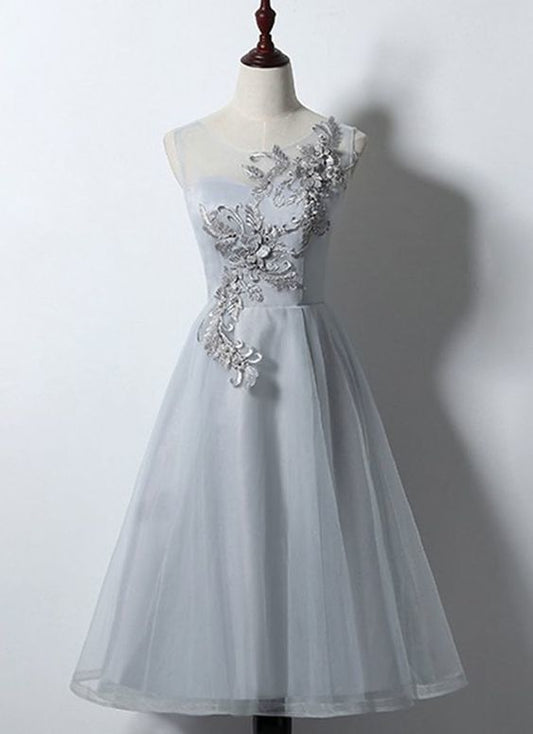 Simple Gray Tulle Mid Length Halter Prom Dress   cg8677