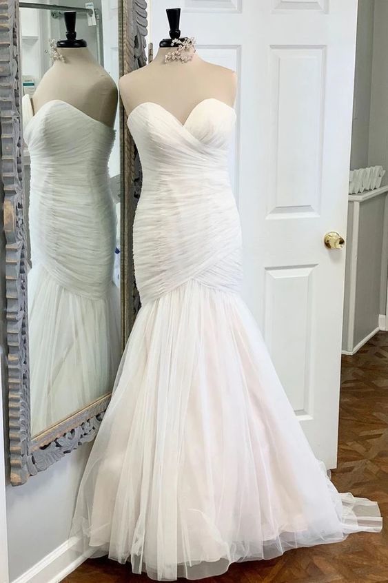 Sweetheart Neck White Tulle Long Mermaid Prom Dress  cg8710