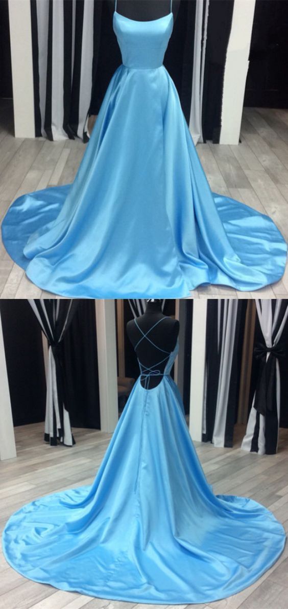 Blue Satin Open Back Prom Dresses Leg Slit Evening Gowns   cg8731