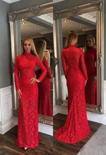 2020 Gorgeous Red High Neck Long Sleeve Column/Sheath Lace Prom Dresses  cg8745