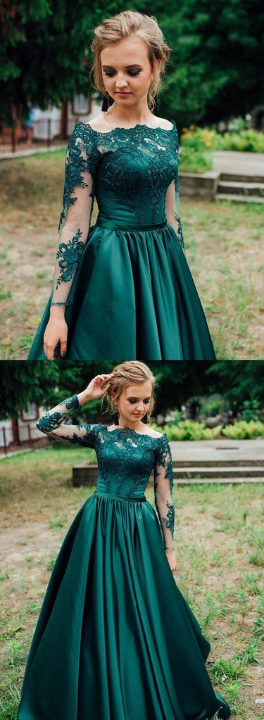 Green Satin Long Sleeve Lace Prom Dress, Green Lace Formal Dress  cg8749