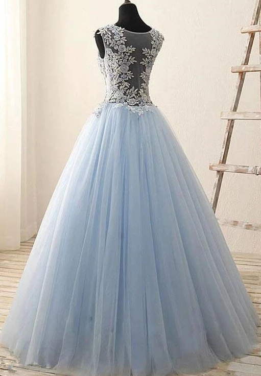 Light Blue Tulle With Lace Floor Length Party Dress, Blue Prom Dress  cg8767