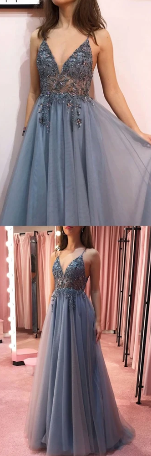 GRAY V NECK TULLE BEADS LONG PROM DRESS GRAY TULLE FORMAL DRESS  cg8770