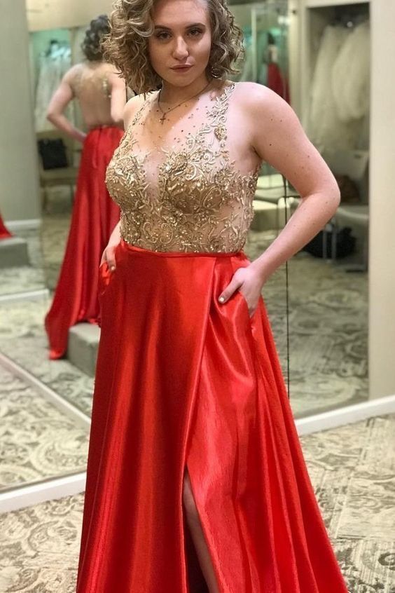 Charming Red A Line Prom Dress with Slit, Long Prom Dresses, Appliques Evening Party Dress  cg8793