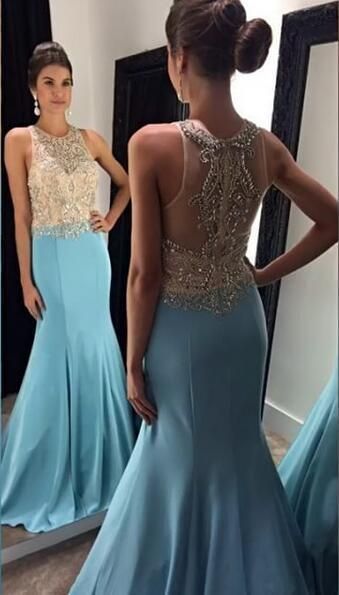 Blue Trumpet/Mermaid Satin Beaded Prom Dresses   cg8796