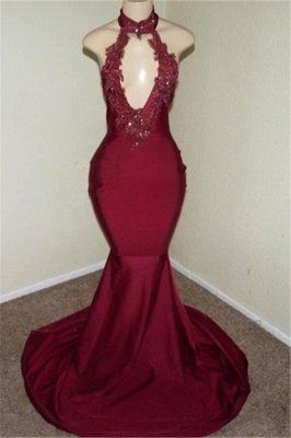 Burgundy Halter Appliques Backless Sexy Mermaid Prom Dresses  cg8808