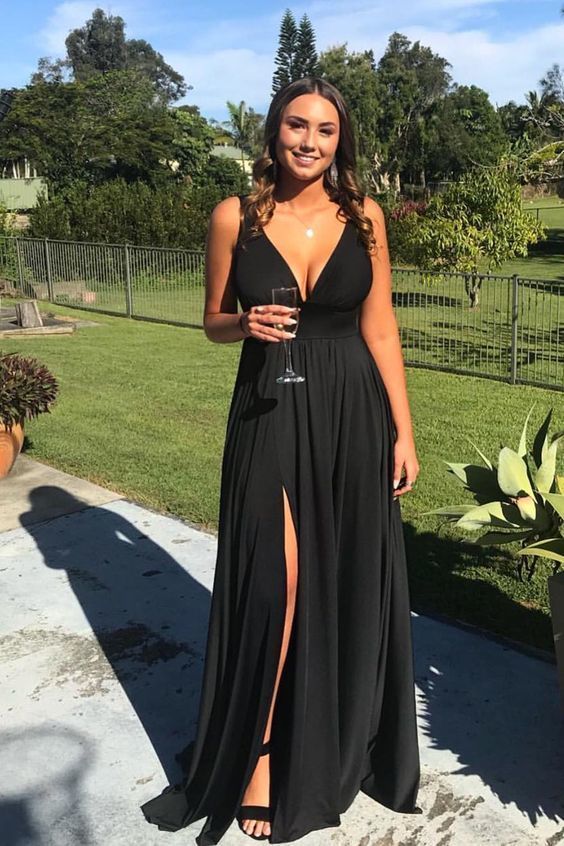 elegant v-neck black split prom party dresses  cg8816