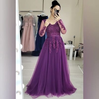 Long Sleeves Purple Long Formal Dress prom party dresses  cg8817