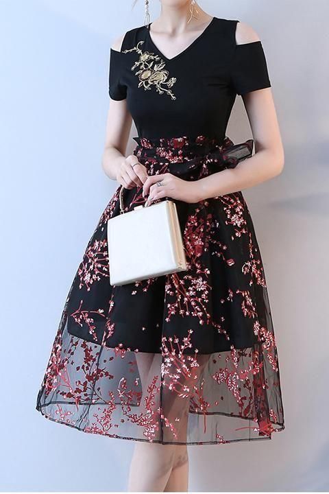 New Arrival V Neck Black Short Sleeves Homecoming Dress Party Dresses  cg8823