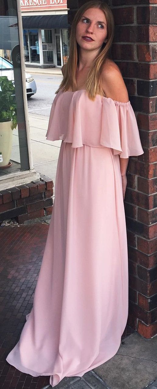 Off the Shoulder Ruffle Pink Long Chiffon Bridesmaid prom Dress  cg8843