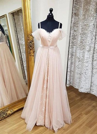 Sweetheart blush pink tulle long customize prom dress, long lace bridesmaid dresses  cg8857