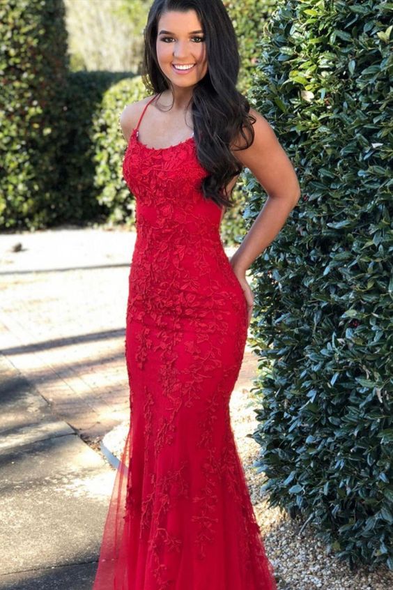 mermaid red lace appliqued long prom dress for curvy girls  cg8876
