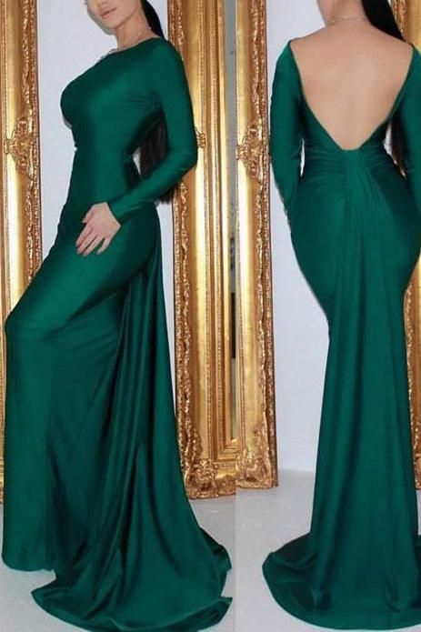 Dark Green Backless Mermaid Long Sleeves Evening Prom dress  cg8896