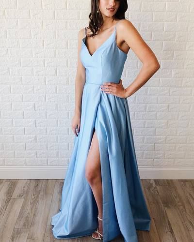 Double Straps Light Blue Long Prom Dress  cg8900