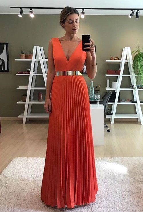 Organge V Neck Long Prom Dresses   cg8909