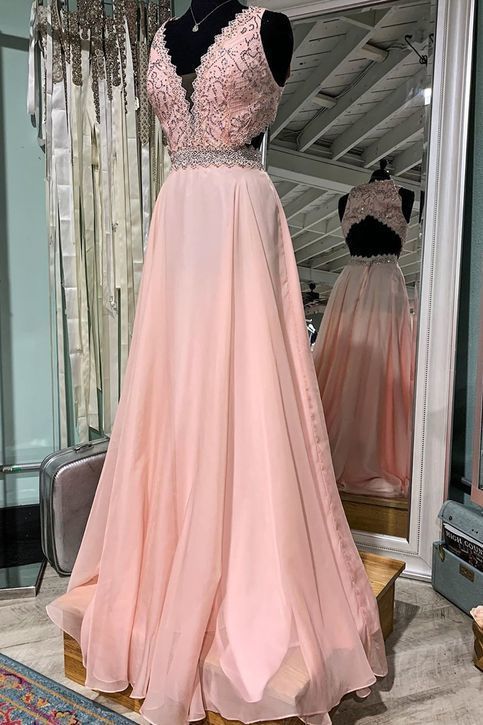 V neck Pink Prom Dress, A Line Beaded Prom Dresses, Long Evening Dress  cg8923