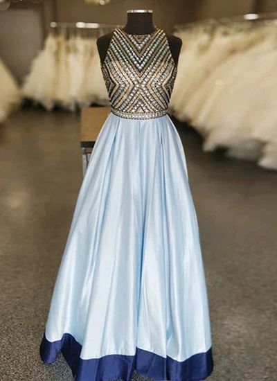 Baby Blue Satin Beaded Long A Line Prom Dress, Evening Dress   cg8932