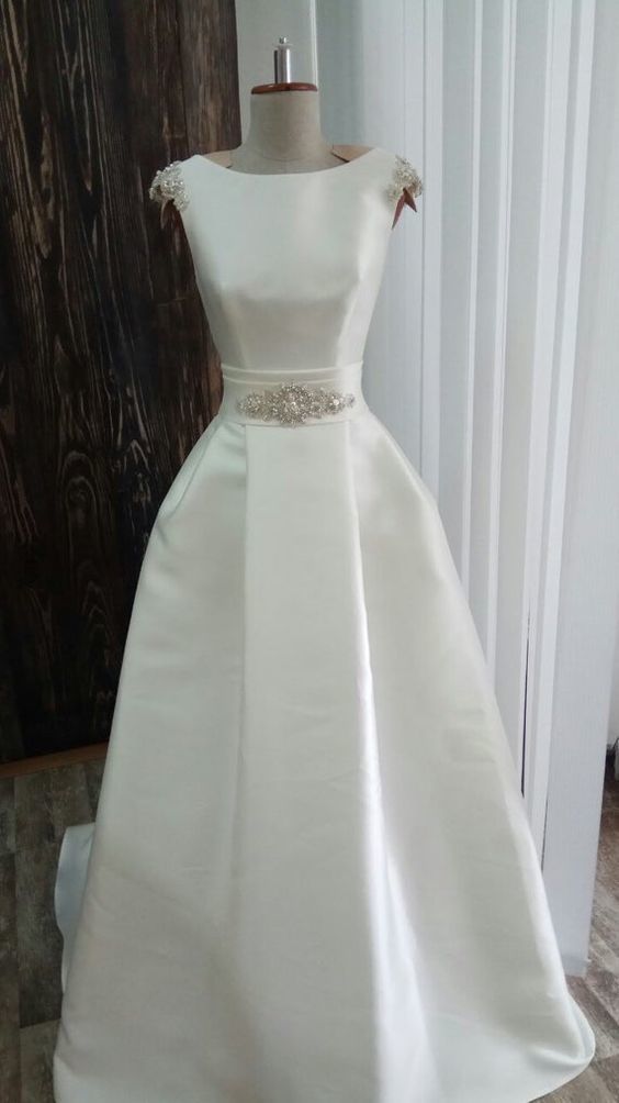 Open Back Wedding Dress embroidered simple modern satin prom dress sexy bow belt  cg8938
