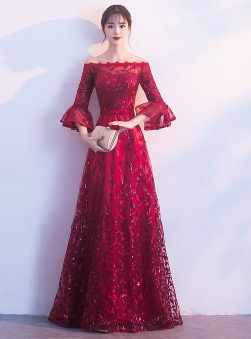 Burgundy Off The Shoulder Sequins Prom Dress   cg8943