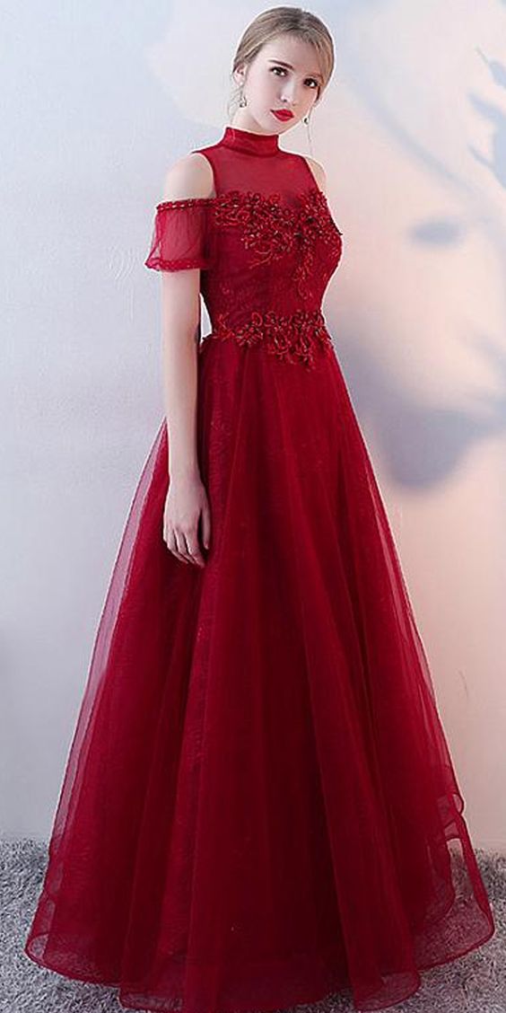 Modern Tulle High Collar Floor-length A-line Evening Dresses With Beadings Prom Dress   cg8944