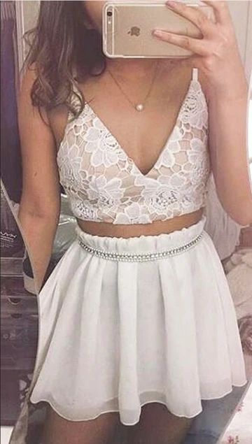 Two Piece Homecoming Dress , Lace Party Dress  cg8951