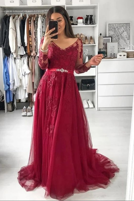 V Neck Long Sleeves A Line Appliqued Tulle Prom Dress With Beading  cg8955