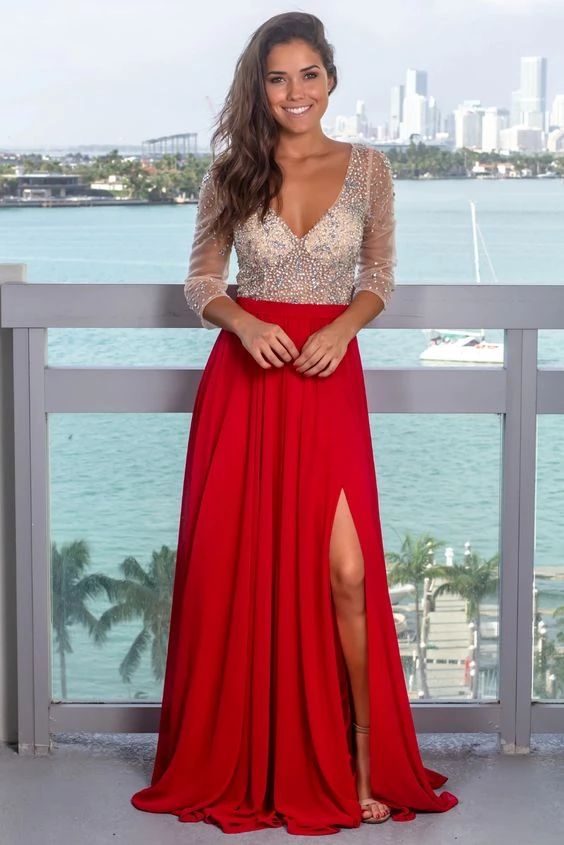 Sexy Slit Beaded Long Sleeve Deep V-back Evening Dress prom dress cg8960