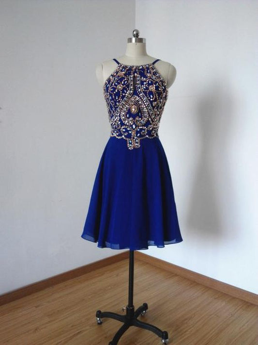 Backless Spaghetti Straps Royal Blue Chiffon Short Homecoming Dress  cg8973