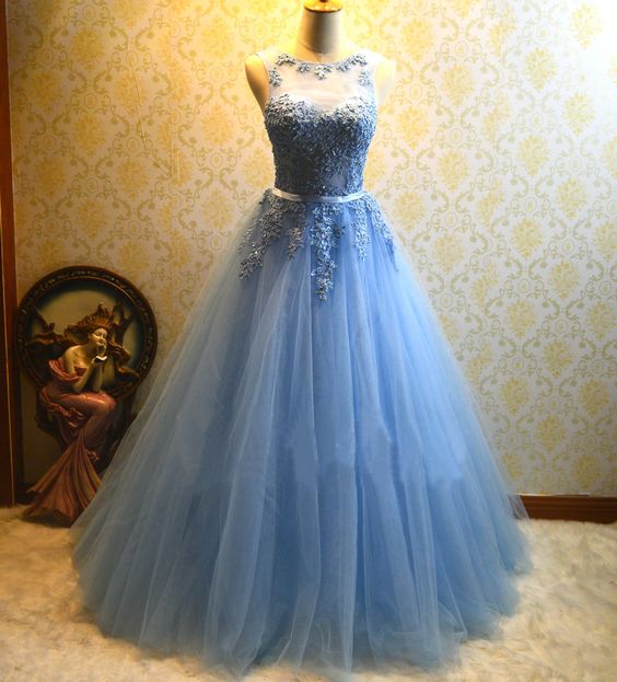 Ball Gown Blue Prom Dress,Tulle Appliques Prom Dresses,Long Quinceanera Dresses  cg8992