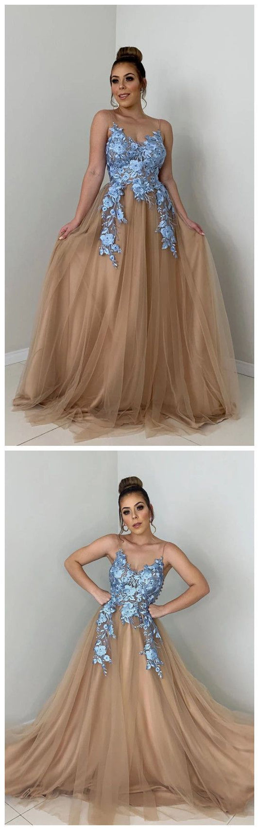 A-Line Spaghetti Straps Tulle Long Prom Dress with Lace Appliques  cg8998