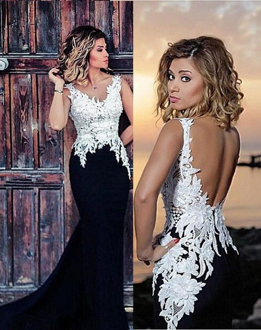 Charming Trumpet/Mermaid Black With White Appliques 2020 Prom Dresses  cg9003