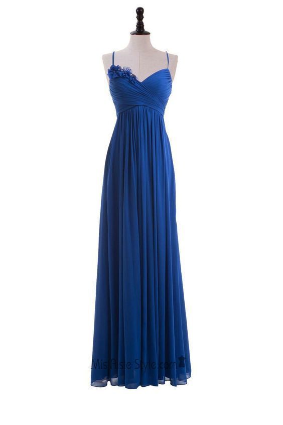 Royal Blue Floral Embellished Ruched Plunge V Spaghetti Straps Floor Length A-Line Formal Dress, Prom Dress  cg9010